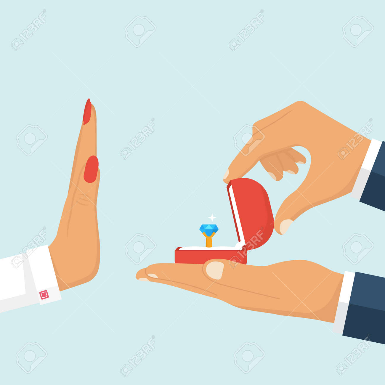 結婚の提案を拒否しています 男が手で結婚指輪とダイヤモンドのオープン ボックスに保持しています 女性のジェスチャーは 提案を拒否します ベクトル イラストのフラット デザイン 白い背景上に分離 のイラスト素材 ベクタ Image