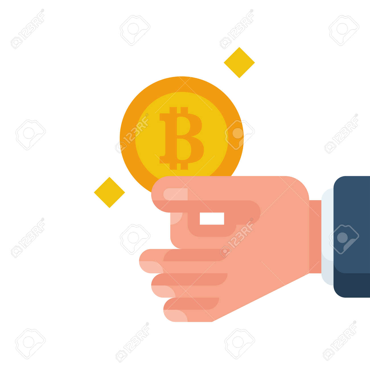 NFT Card Bitcoin Hold In Hand. Coin Bitcoin. Mining Crypto Currency.  Digital Money. Vector Illustration Cartoon Design. Blockchain Cryptocurrency.  Isolated On White Background. Virtual Earning Money. Royalty Free SVG,  Cliparts, Vectors, and