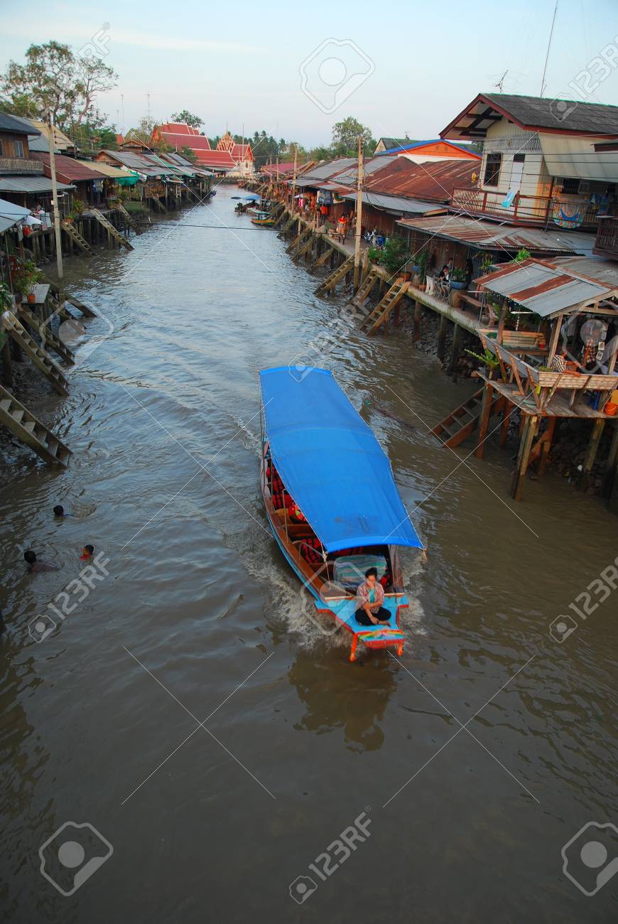 View On Amphawa Floating Market Early In The Morning With Boat