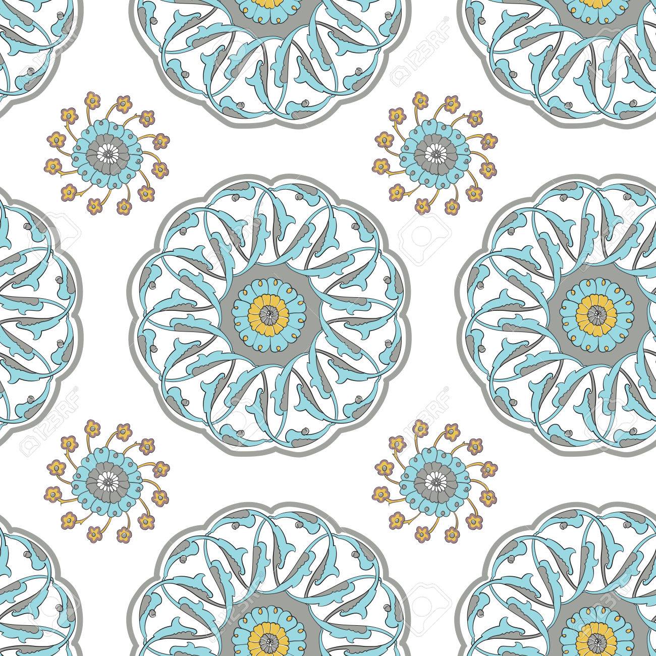 伝統的なトルコのイズニックをモチーフにしたベクターのシームレスなパターン イスラムのオスマン トルコ美術 陶磁器タイル表面のパターン設計 オリエンタル花 柄 のイラスト素材 ベクタ Image