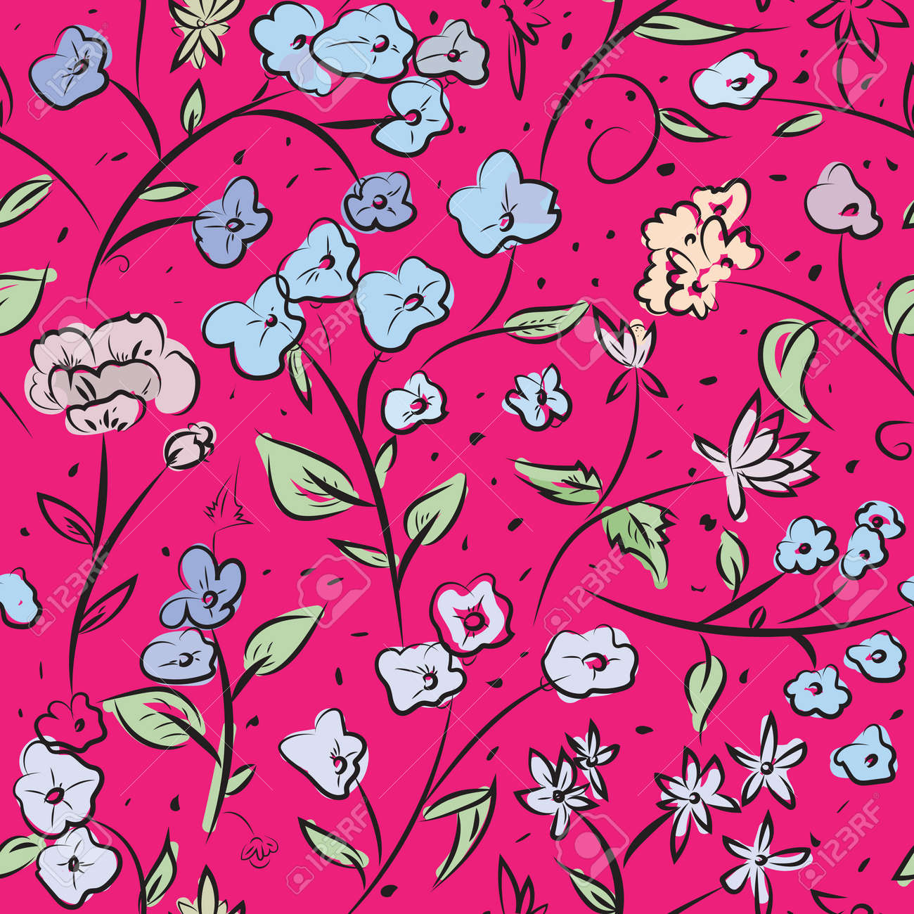 小さな春の花 フリーハンドのシームレスなパターン デザインは デジタル図面アート Web と印刷の使用のためのレトロなスタイル花の繰り返しの表面パターンを落書き のイラスト素材 ベクタ Image