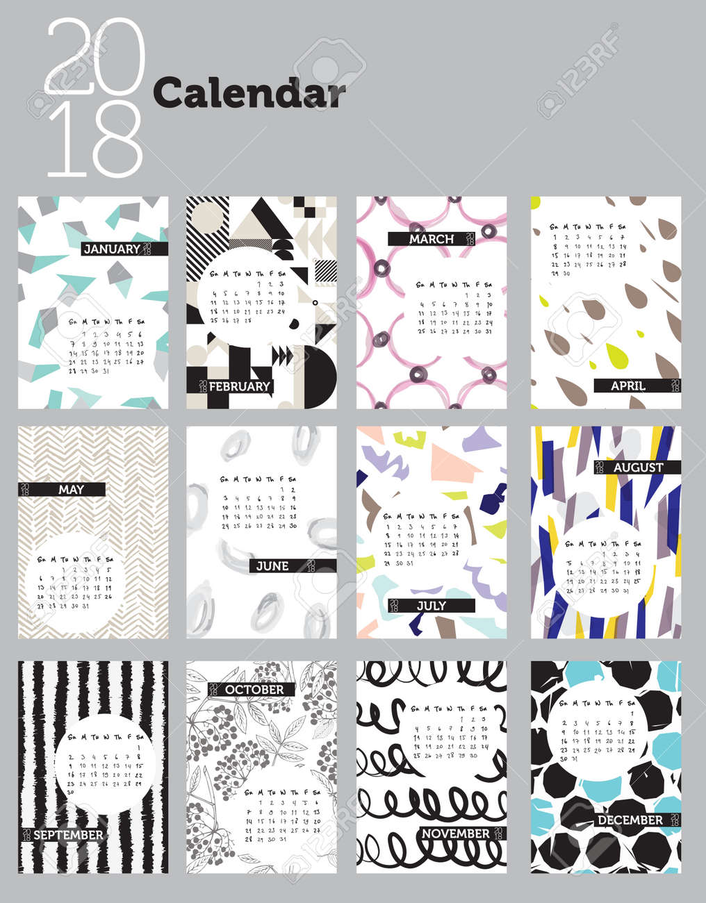 各月とカスタム手書きの日と週の様々なパターンの背景を持つ18カレンダーのデザイン エレガントな装飾的なカレンダー 完全に編集可能なベクトル の イラスト素材 ベクタ Image