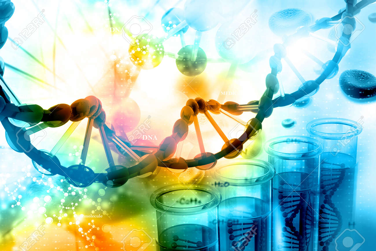Digital illustration of DNA with scientific background - 42063294 Digital illustration of DNA with scientific background - 42063294