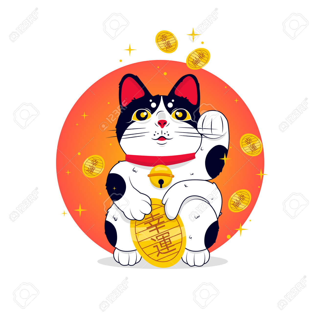 Maneki Neko. Japan Lucky Cat With Golden Coins. Color Vector Flat Cartoon  Illustration On Red Sun Royalty Free SVG, Cliparts, Vectors, and Stock  Illustration. Image 156990171.