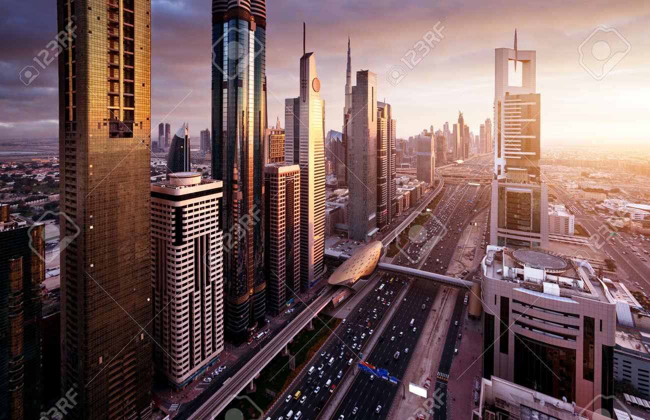 Dubai skyline in sunset time, United Arab Emirates - 68524388 Dubai skyline in sunset time, United Arab Emirates - 68524388