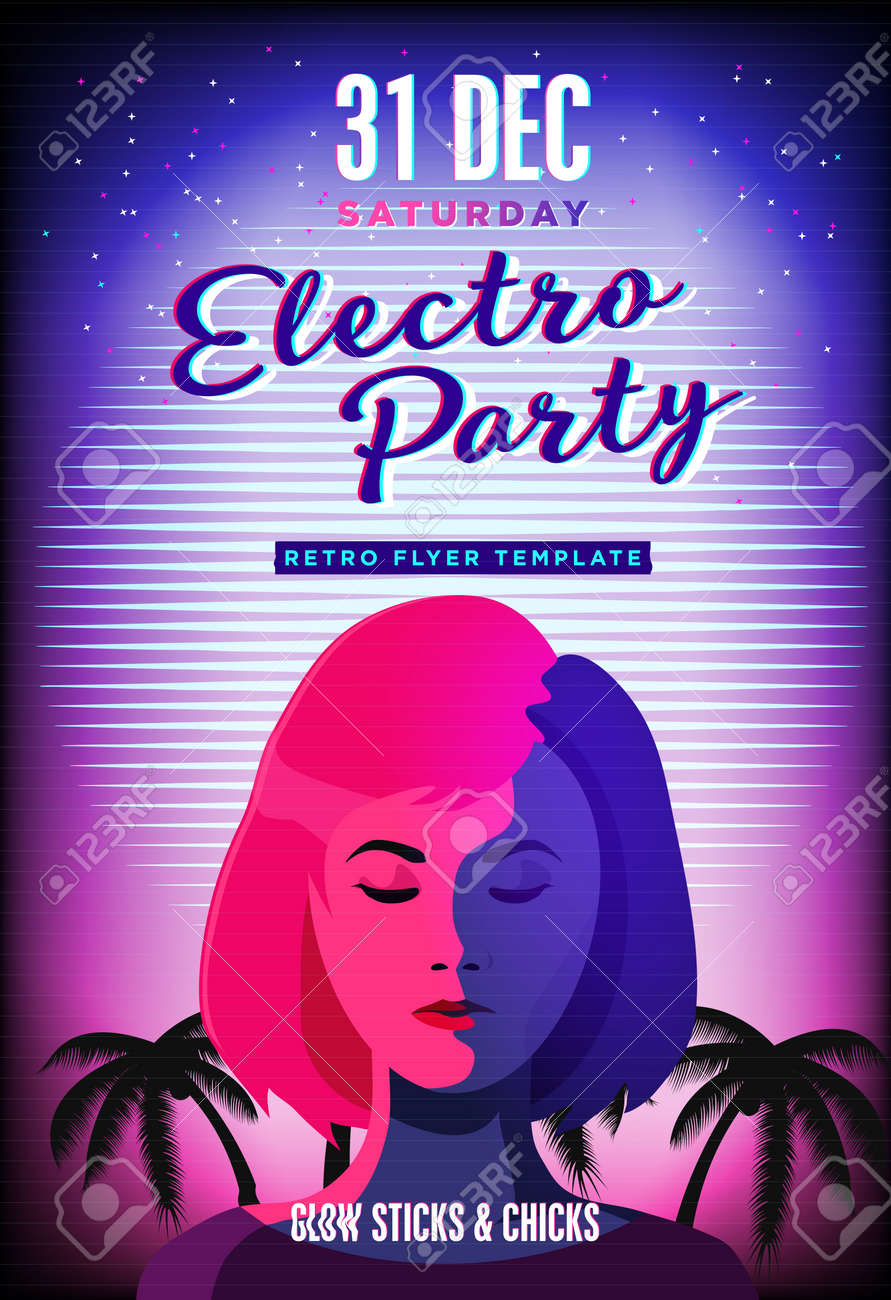 electro party poster retro 80s neon background disco flyer retro 80s flyer