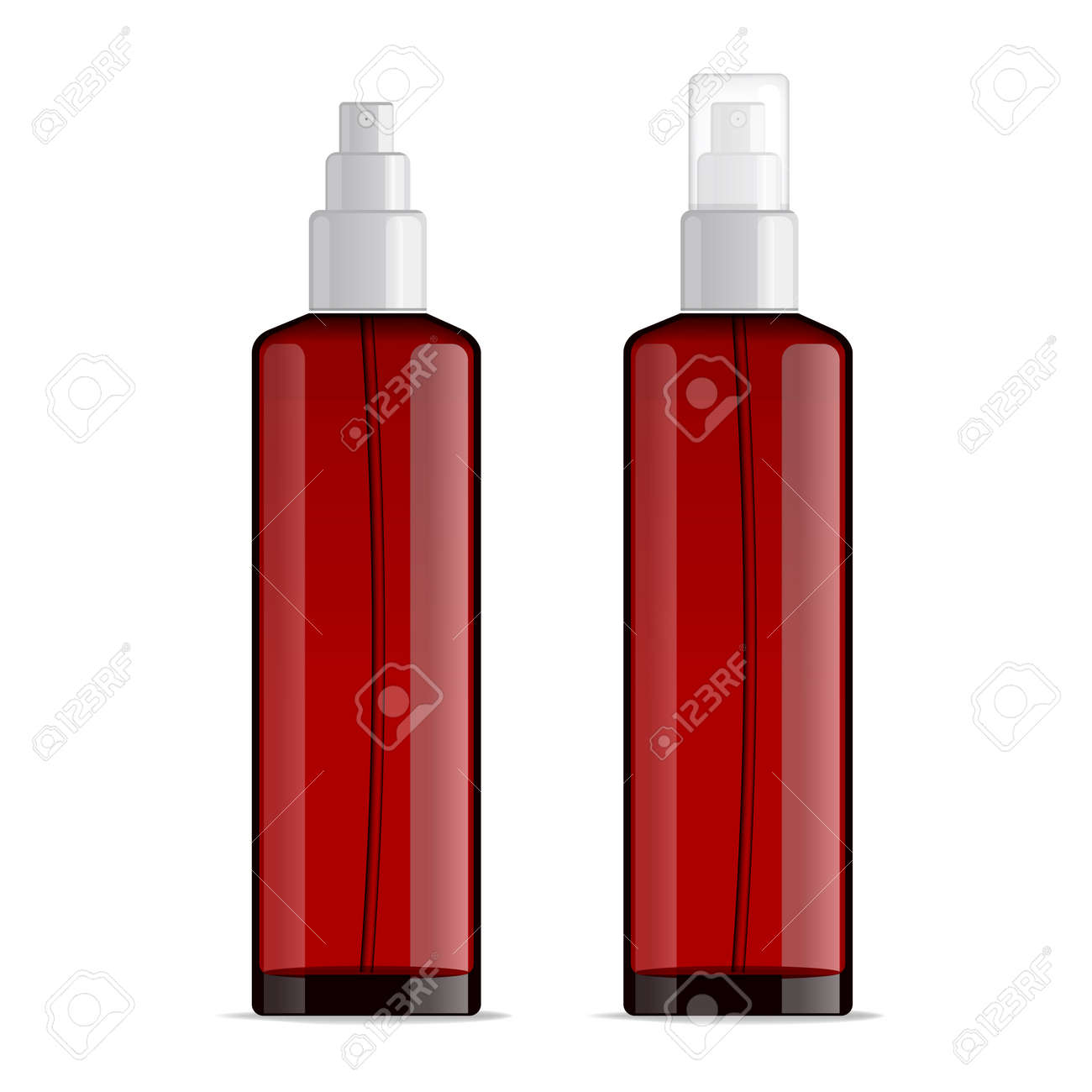 リアルな透明化粧品ボトル スプレー容器 他の化粧品 香水 クリームのキャップが付いて赤いディスペンサーです モックアップ デザインのテンプレートです イラスト セット の写真素材 画像素材 Image