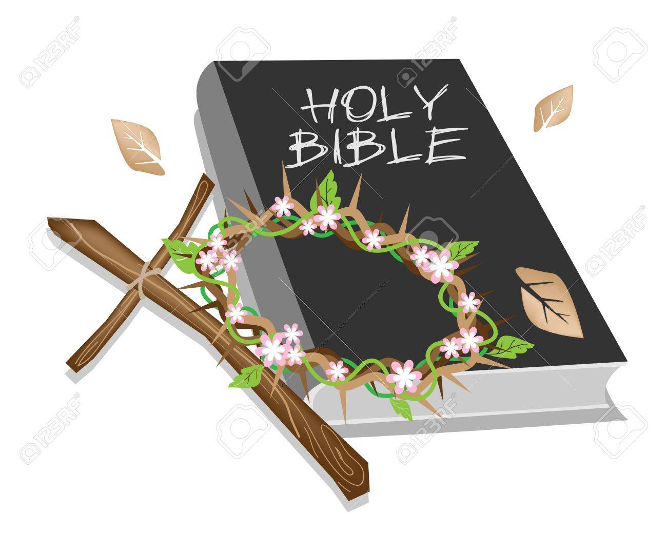 キリスト教の黒の基盤の図覆われた聖書 木製の十字架 新鮮な緑の葉とピンクの花とイバラの冠 のイラスト素材 ベクタ Image
