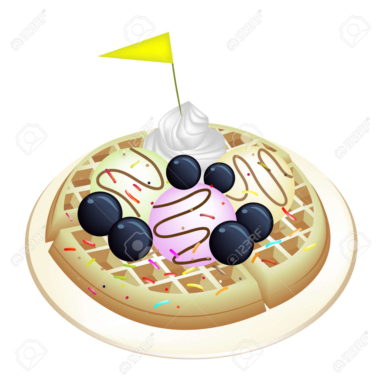 Fraichement Maison Gaufre Belge Ronde Garnie De Bleuets Frais Creme Fouettee Creme Glacee Et De Petit Drapeau Jaune Isole Sur Fond Blanc Clip Art Libres De Droits Vecteurs Et Illustration Image