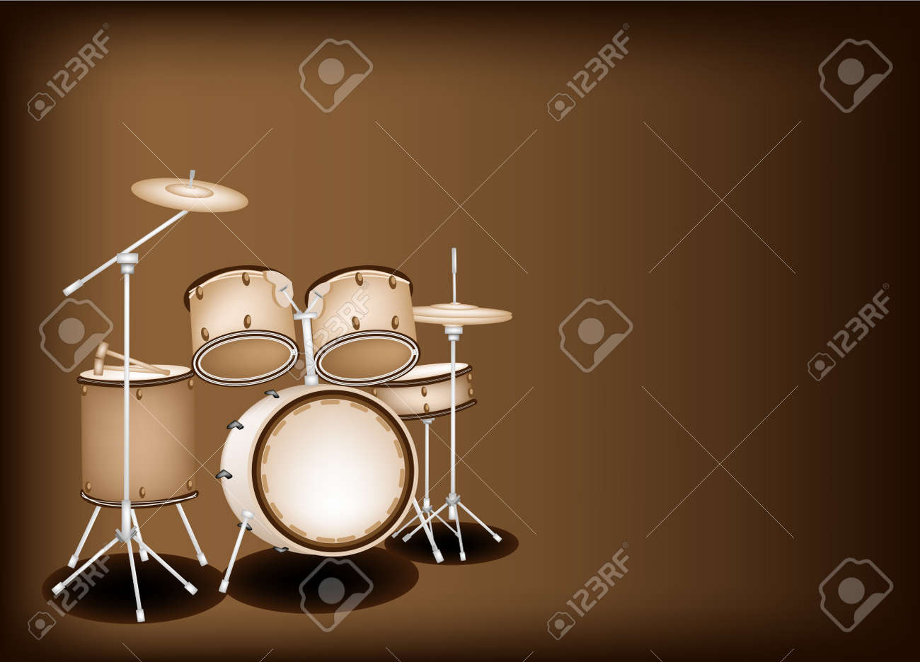 音楽器械 美しいビンテージ暗い茶色の背景にテキストのコピー スペースでレトロなスタイルのジャズ ドラム キットのセットのイラスト のイラスト素材 ベクタ Image