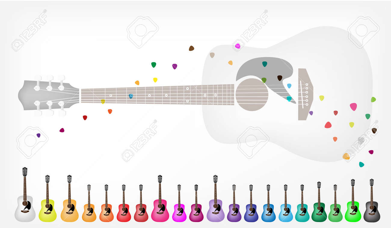 飾られたテキストのコピー領域で様々 な色でカラフルな古典的なギターのイラスト コレクション背景音楽器械のイラスト素材 ベクタ Image