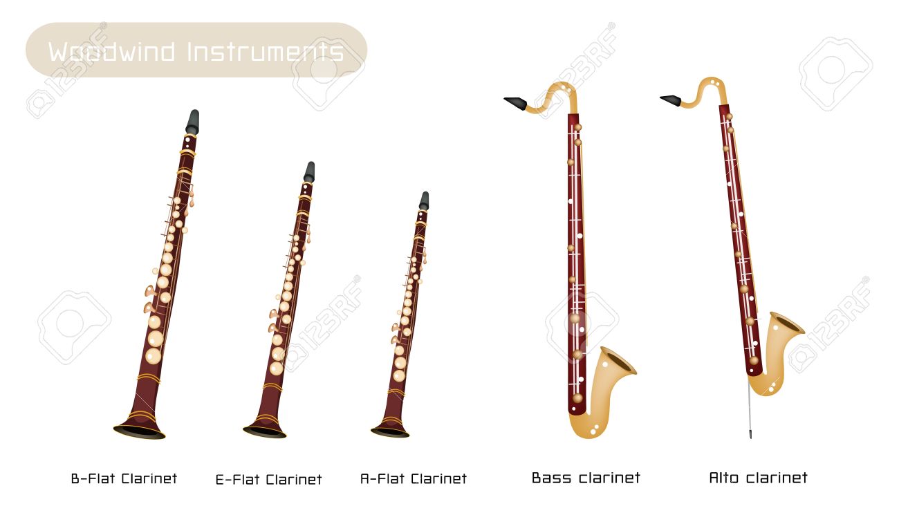 茶色のヴィンテージのクラリネット B フラット クラリネット E フラット クラリネット フラット クラリネットとバスクラリネット アルト クラリネットの白い背景で隔離の様々 な種類の楽器 のイラスト素材 ベクタ Image 4850