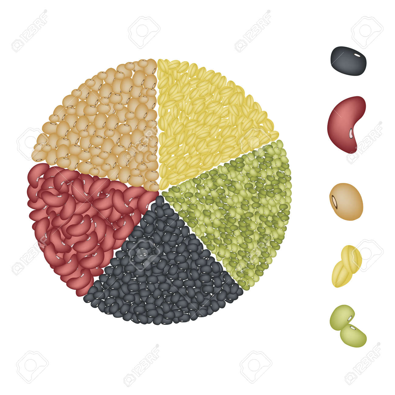 An Illustration Collection of Different Dried Beans, Mung Bean, Kidney Bean, Black Eye Bean, Soy Bean and Yellow Split Peas Forming A Pie Chart - 21826972 An Illustration Collection of Different Dried Beans, Mung Bean, Kidney Bean, Black Eye Bean, Soy Bean and Yellow Split Peas Forming A Pie Chart - 21826972
