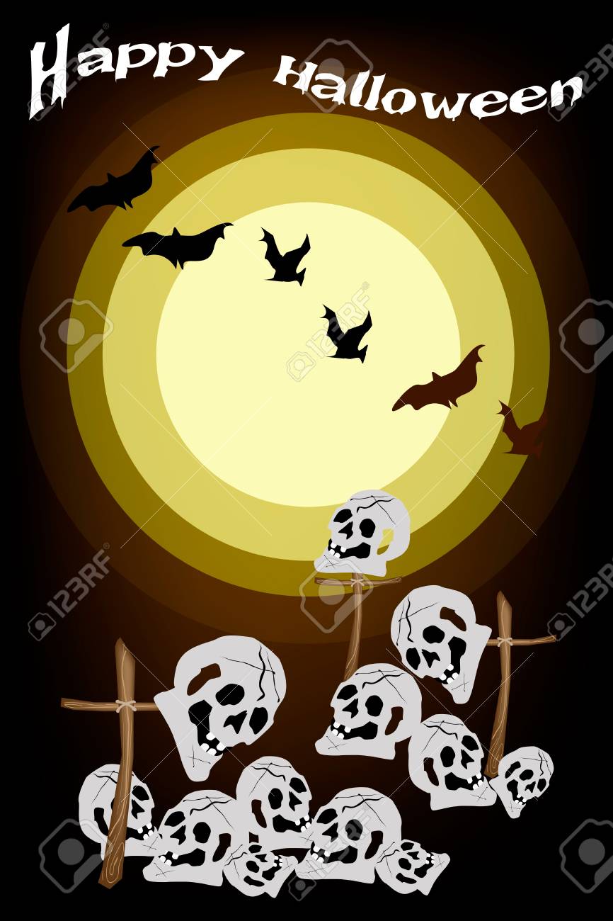 木製クロスと人間の頭蓋骨 ハロウィーンの祭典のための印と満月の夜の墓場のハッピーハロウィン背景のイラスト素材 ベクタ Image