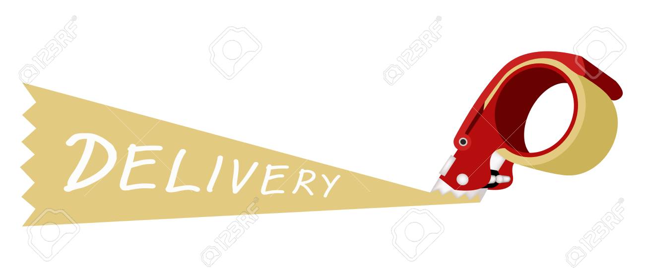 赤いパッキング テープ ディスペンサーまたは単語 配達 白い背景で隔離のシールの段ボール箱を閉じるための粘着テープ ディスペンサー のイラスト素材 ベクタ Image