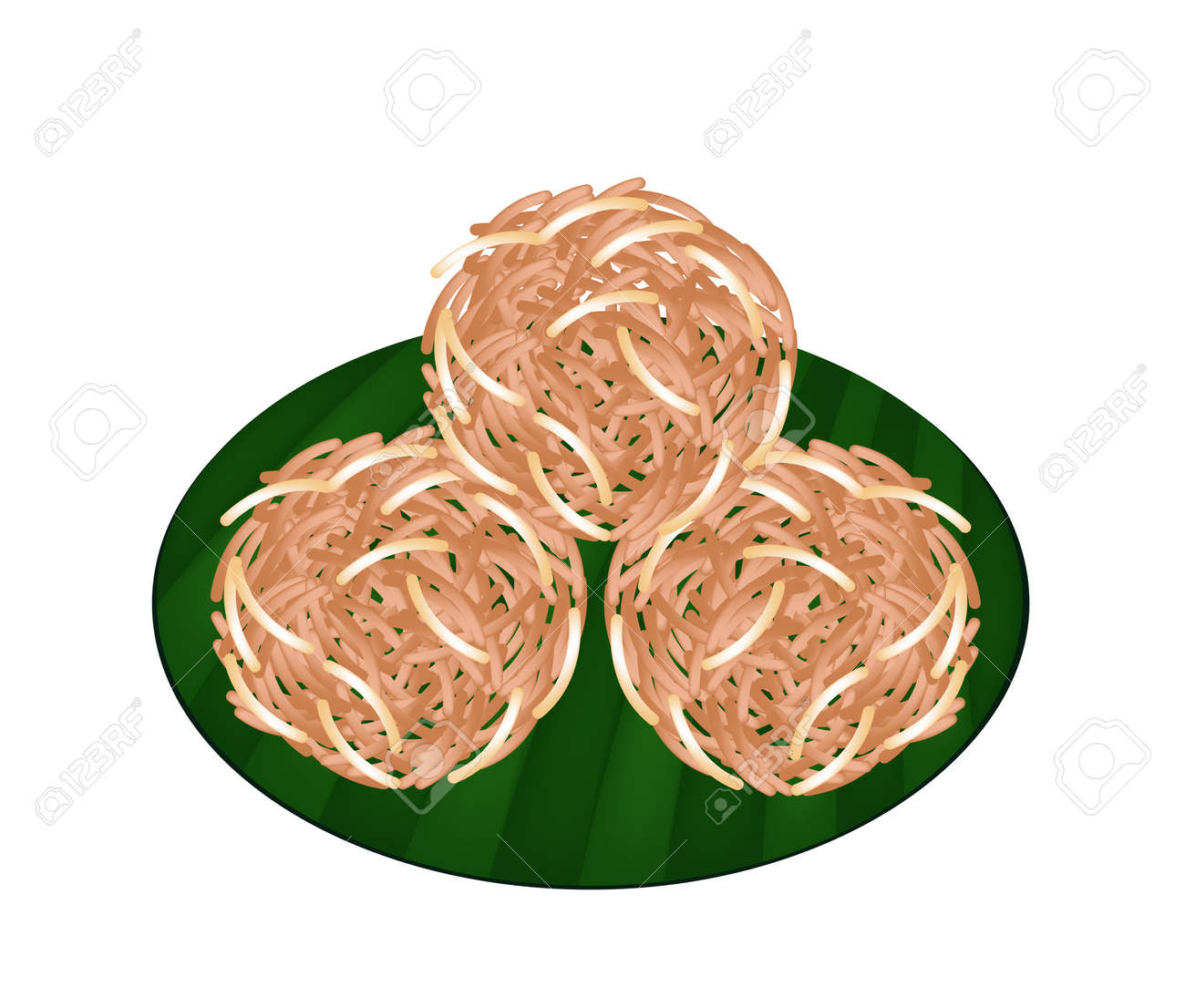 タイ料理 グリーン バナナの葉の上に甘酸っぱいのシャキッとした焼きそばのイラスト の写真素材 画像素材 Image