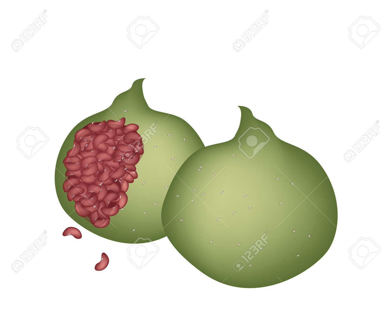 日本の伝統的なデザート 草の餅やよもぎ餅を作ったから餅と日本のヨモギの葉または赤豆満ちている Hahagohusa を貼り付けます のイラスト素材 ベクタ Image