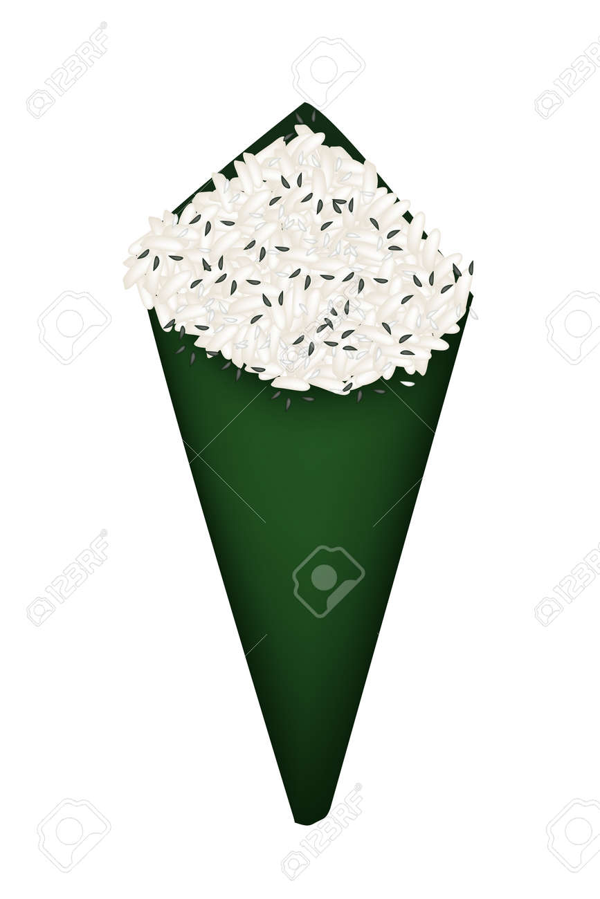 日本料理 おいしい手巻き寿司 いなりずしまたは手のイラストの白い背景で隔離のごまを振り掛ける寿司をロールします のイラスト素材 ベクタ Image