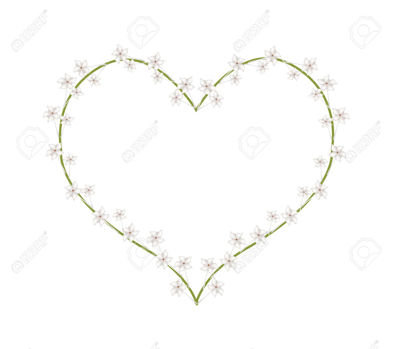 コンセプト 白いシタキソウ フロリバンダ花やマダガスカル ジャスミンの花の形成ハート形の白い背景で隔離のイラストが大好きです のイラスト素材 ベクタ Image