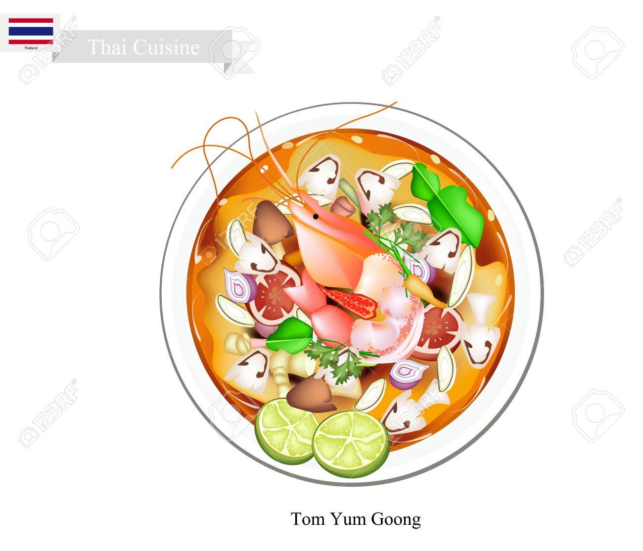 タイ料理 トムヤムクンや伝統的なタイ タイ辛い 酸っぱいスープとエビ キノコ ココナッツ ミルク ハーブ タイで最も人気のある料理の一つ のイラスト素材 ベクタ Image