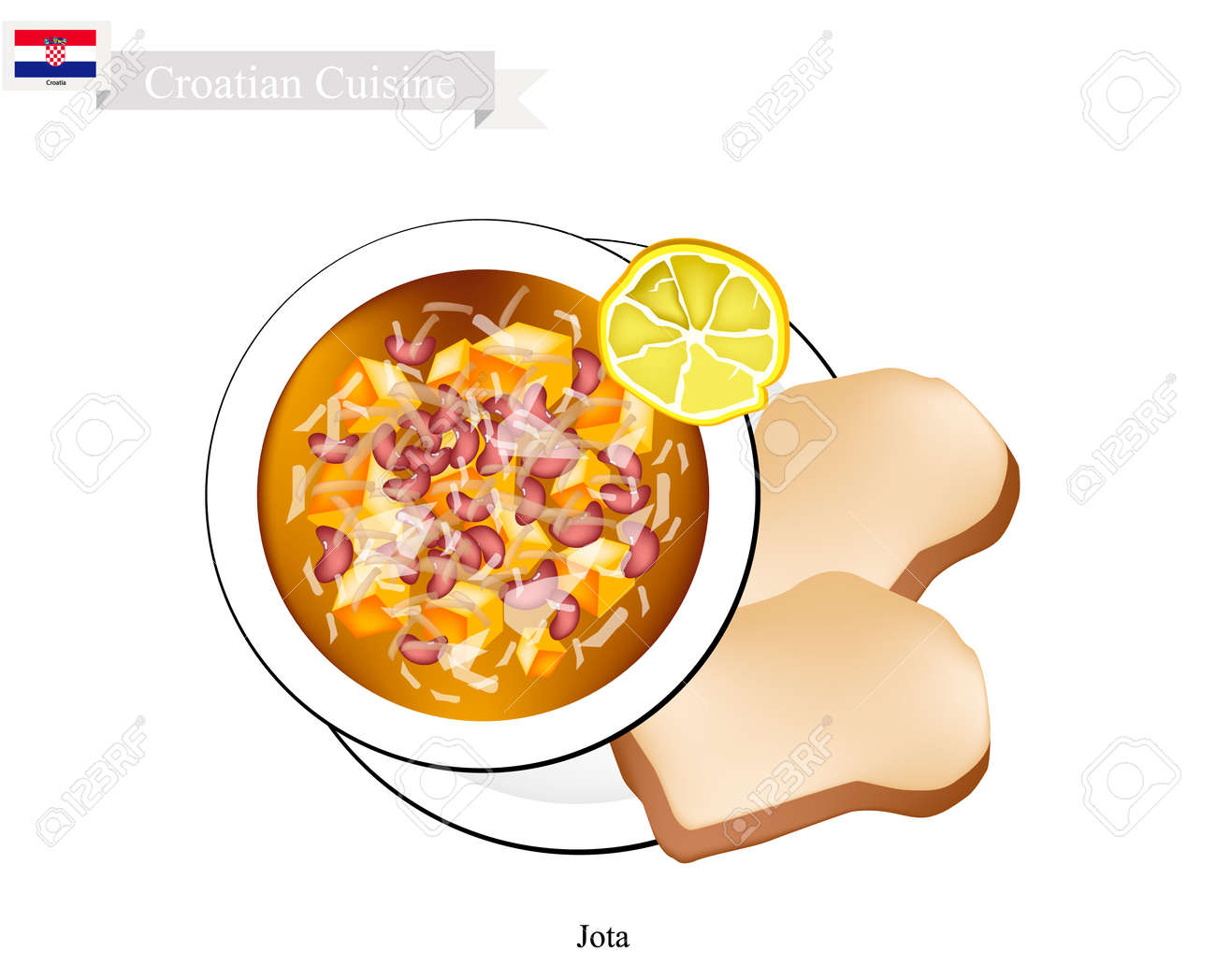 クロアチア料理 イストリア シチューまたはイオタ カブ ジャガイモと豆の伝統的なシチュー パンを添えてください クロアチアの国の料理のイラスト素材 ベクタ Image