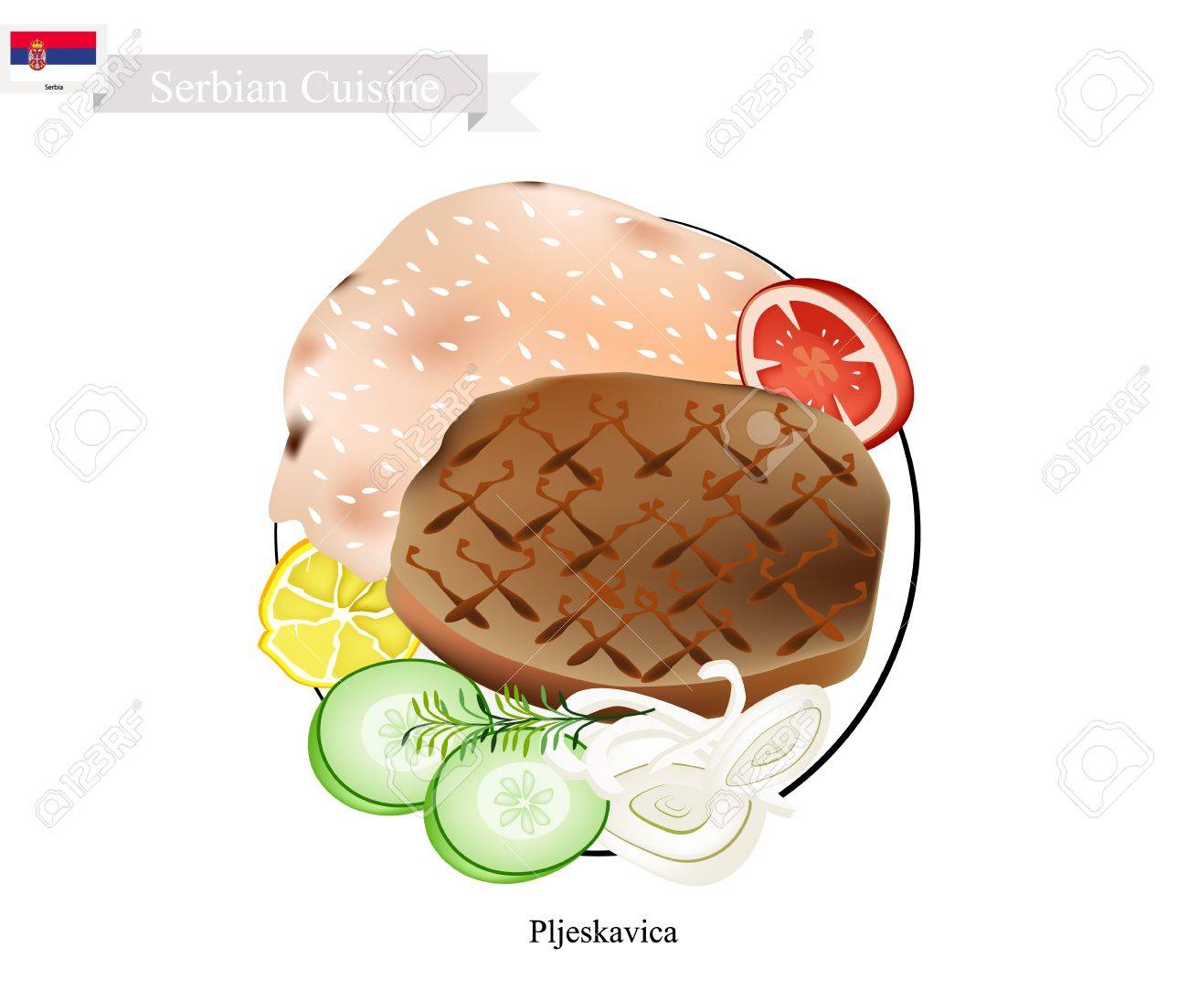 Pljeskavica のイラストや豚肉 牛肉 子羊の肉のパテのハンバーガーを伝統的なセルビア料理 セルビアの国民の皿 のイラスト素材 ベクタ Image