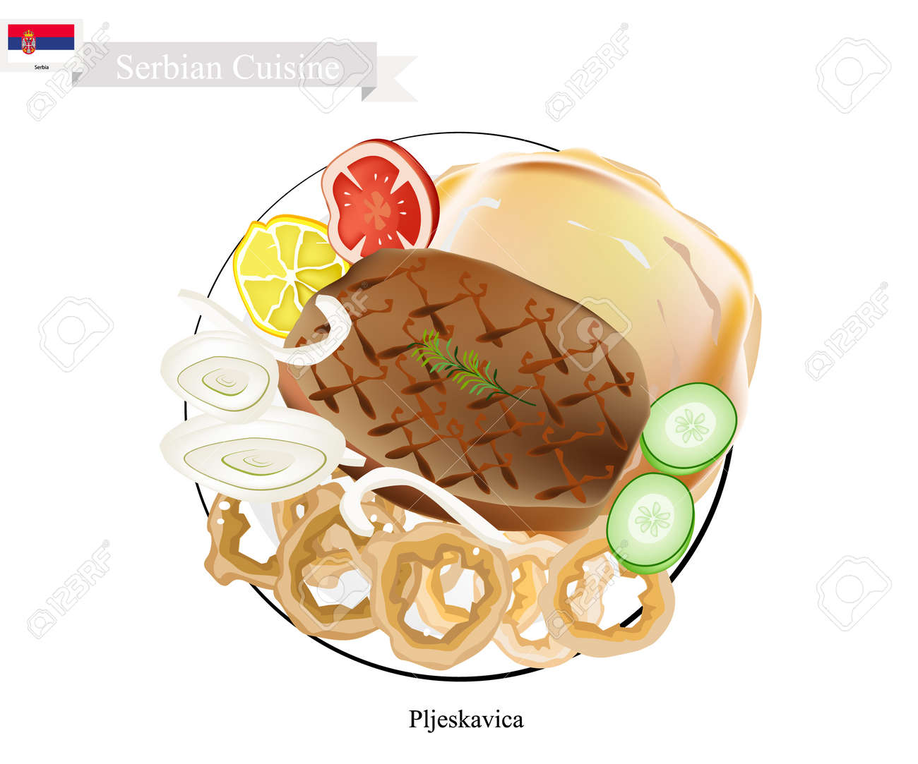 Pljeskavica のイラストや豚肉 牛肉 子羊の肉のパテのハンバーガーを伝統的なセルビア料理 セルビアの国民の皿 のイラスト素材 ベクタ Image
