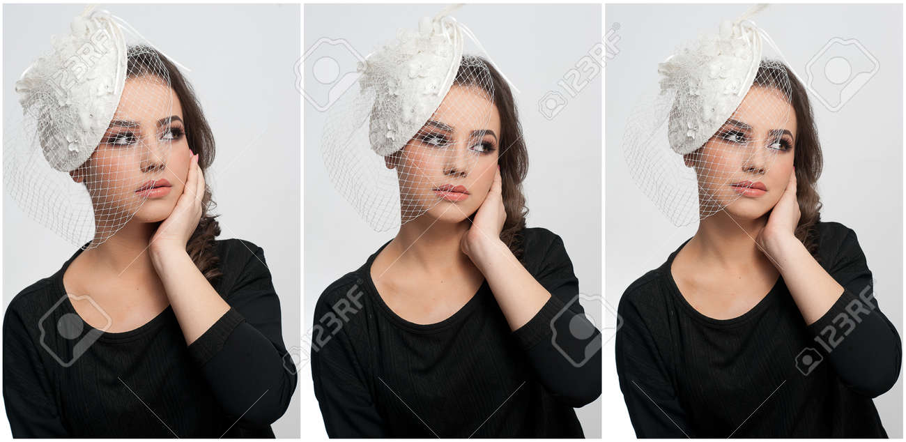 ヘアスタイルとメイクアップ 美しい若い女の子の芸術の肖像画 かわいいブルネット白い帽子やベール スタジオでの撮影 美しい唇と黒いブラウス 白目で魅力的な女性 の写真素材 画像素材 Image