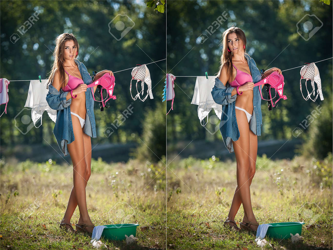 ビキニとパットの太陽の下で乾燥するため服のシャツでセクシーなブルネットの女性 晴れた日に乾燥する洗濯物を入れて 長い脚と官能的な若い女性 完璧なボディの 主婦 屋外の森で撮影 の写真素材 画像素材 Image