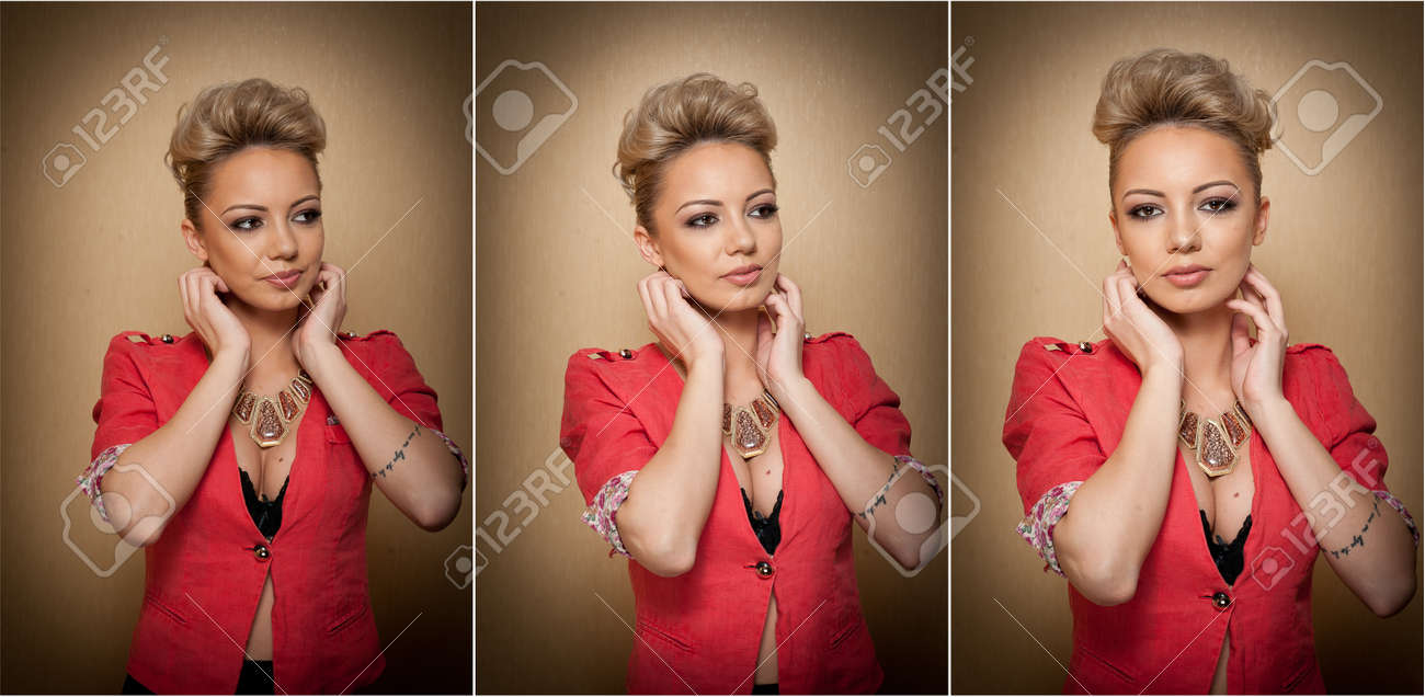 Coiffure Et Maquillage Magnifique Portrait Dart Femme Avec De Beaux Yeux élégance Blonde Naturelle Véritable Avec Les Cheveux Courts En Studio