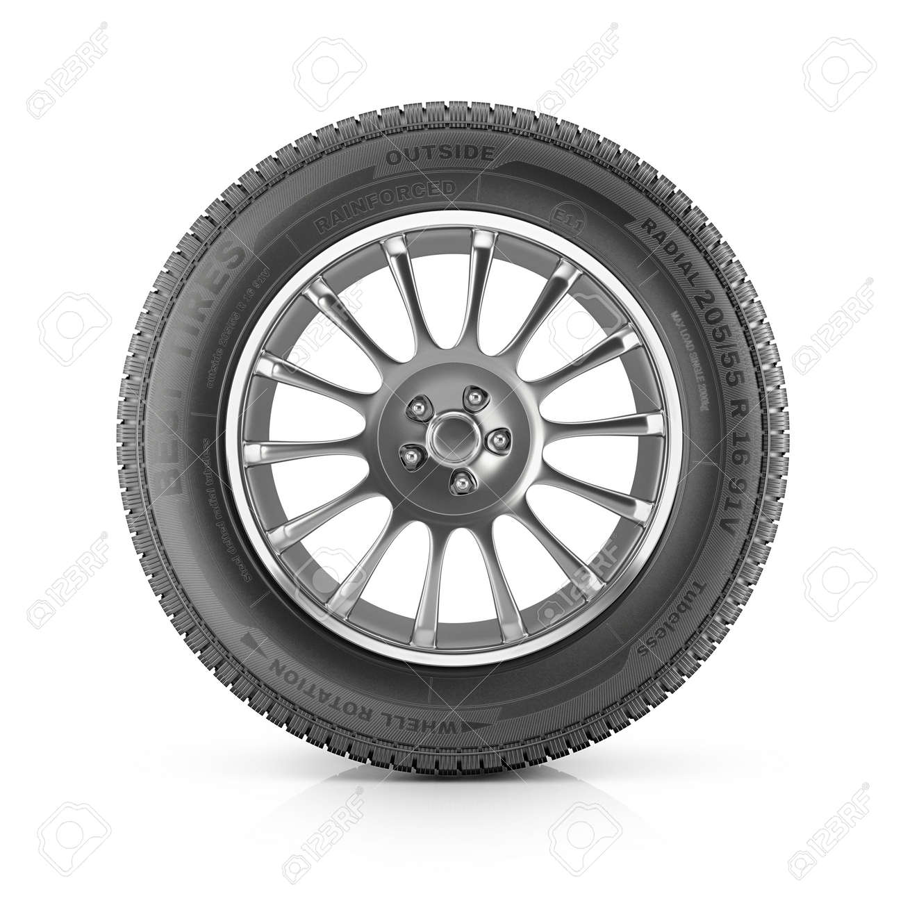 車のホイールとタイヤ 白い背景で隔離 正面から見た図 3 D イラストレーション の写真素材 画像素材 Image
