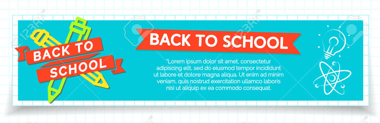 ペンと鉛筆と学校から成るカラー ラベルにバナーがこのような米国を