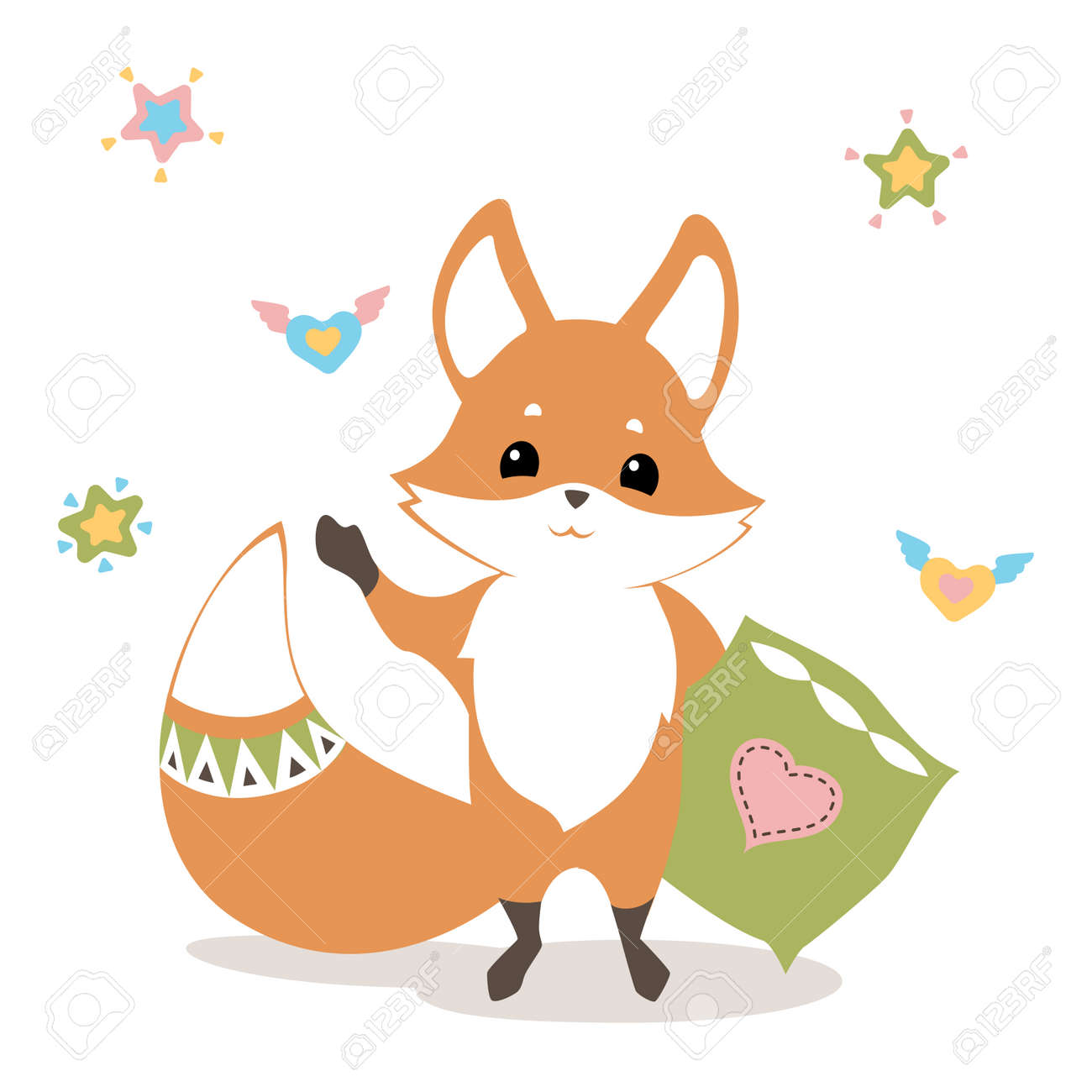 Baby Fox Waving Good Bye, With Pillow, Hearts And Stars, Flat Graphics  Royalty Free SVG, Cliparts, Vectors, and Stock Illustration. Image  124386017., image size:1300x1300