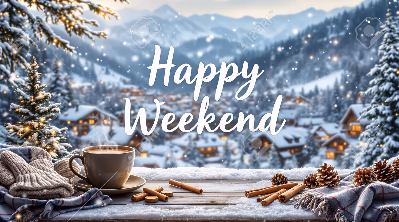 Cozy winter weekend in alpine village with snow and warm drink. - 292269086