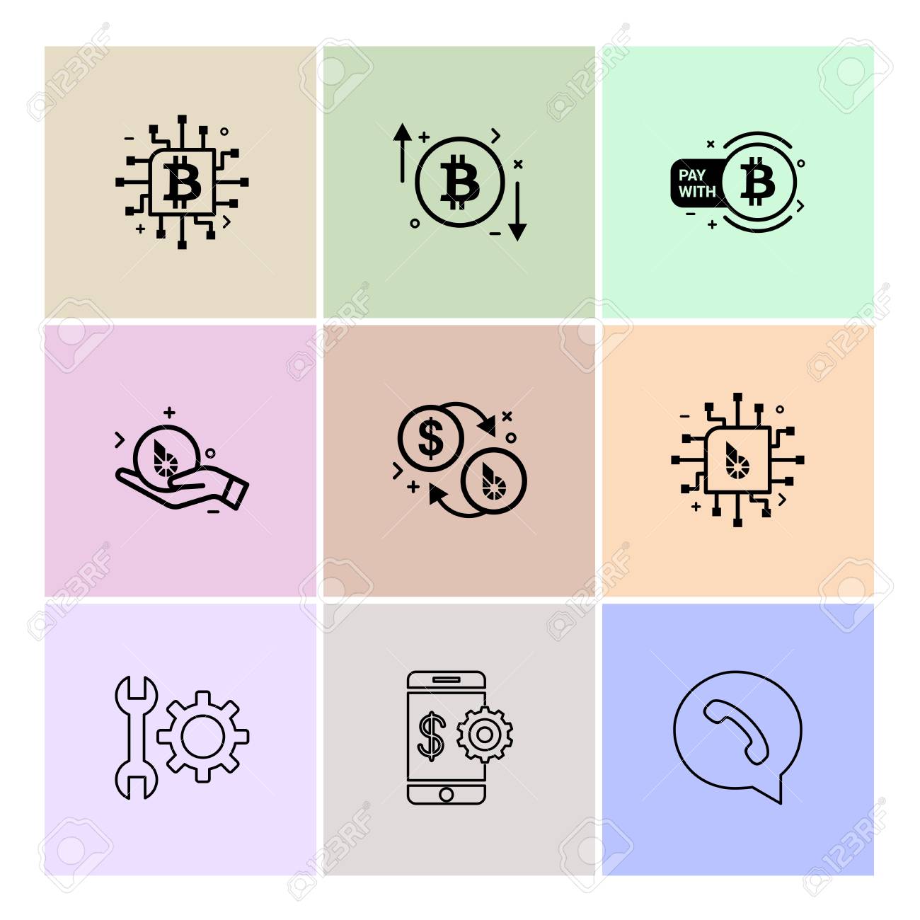 암호 화폐, 비트 코인, Ic, 돈, 모바일, 렌치, 기어, 아이콘, 벡터, 디자인, 플랫, 컬렉션, 스타일, 크리에이 티브, 아이콘  로열티 무료 사진, 그림, 이미지 그리고 스톡포토그래피. Image 110226534