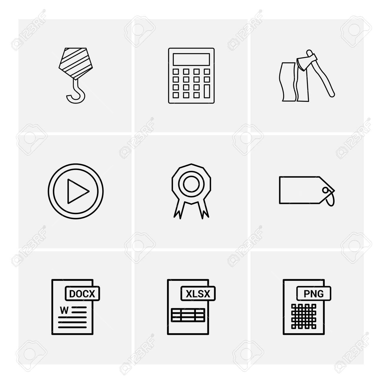 크레인 후크, 계산기, 도끼, 비디오, 메달, 배지, 태그, Png, Xlxs, Excel, Docx, 아이콘, 벡터, 디자인, 플랫,  컬렉션, 스타일, 크리에이티브, 아이콘 로열티 무료 사진, 그림, 이미지 그리고 스톡포토그래피. Image 113528605