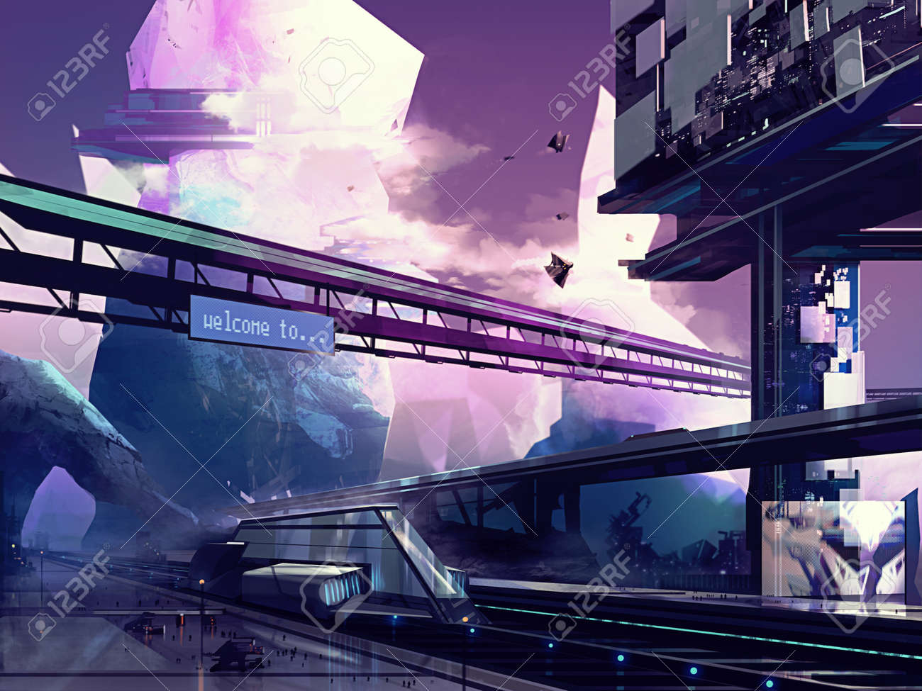 未来的な都市のグラフィックアート 未来都市。抽象的な描画未来 Scifi ファンタジー都市景観と丘アート