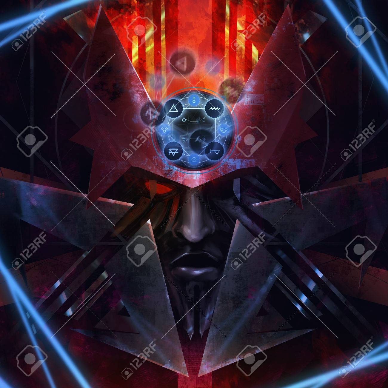 プラズマのモンスター 火組成と金属製シールド鎧モンスター クリーチャー悪魔顔の肖像画のイラスト の写真素材 画像素材 Image