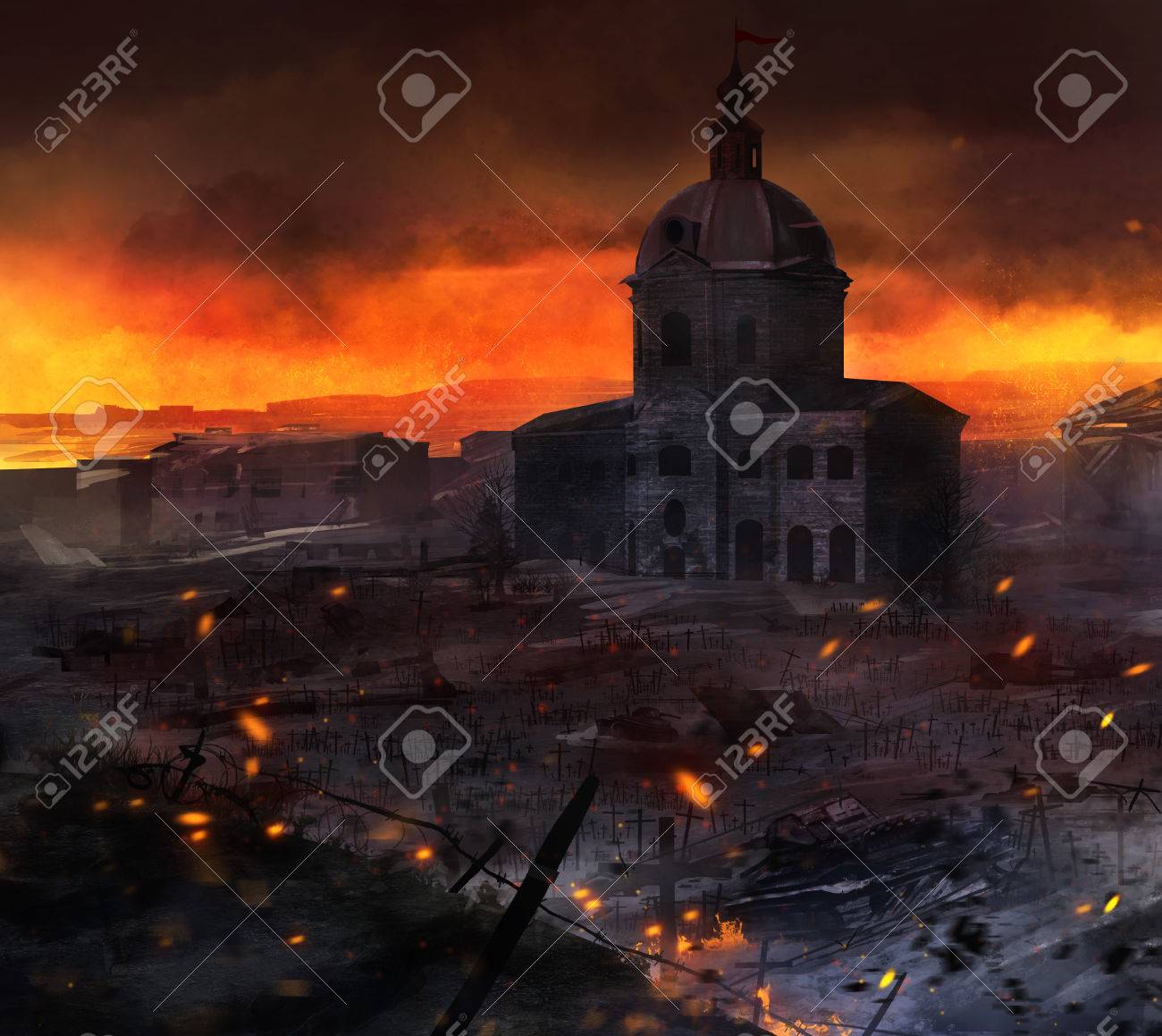 戦争フィールド アート タンク 教会 墓とイラスト投稿の戦闘シーンは 背景アートワークを交差させます の写真素材 画像素材 Image
