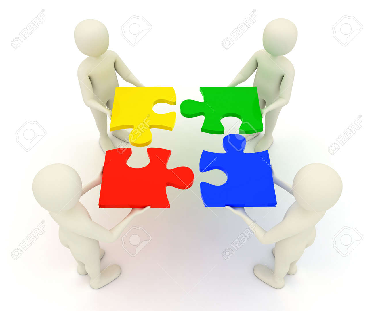 four 3d men assembling colorful assembled jigsaw puzzle pieces