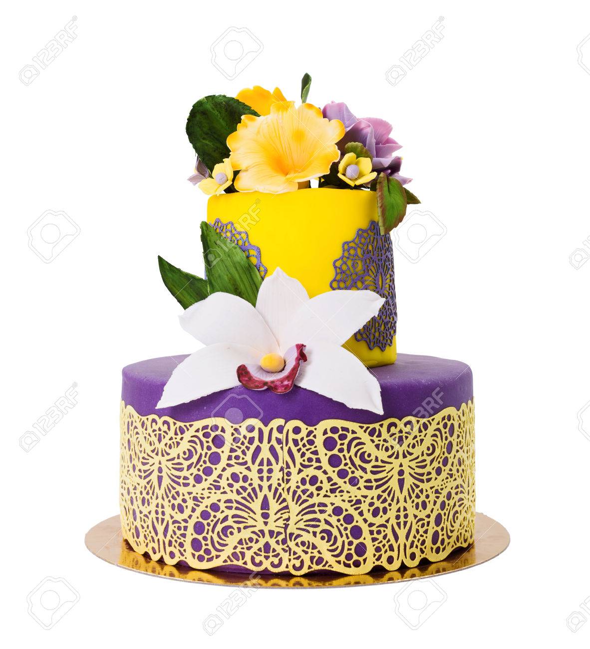 Colorful Purple Yellow Cake Decorated With Edible Candy Flowers Stock Photo Picture And Royalty Free Image Image 23114588