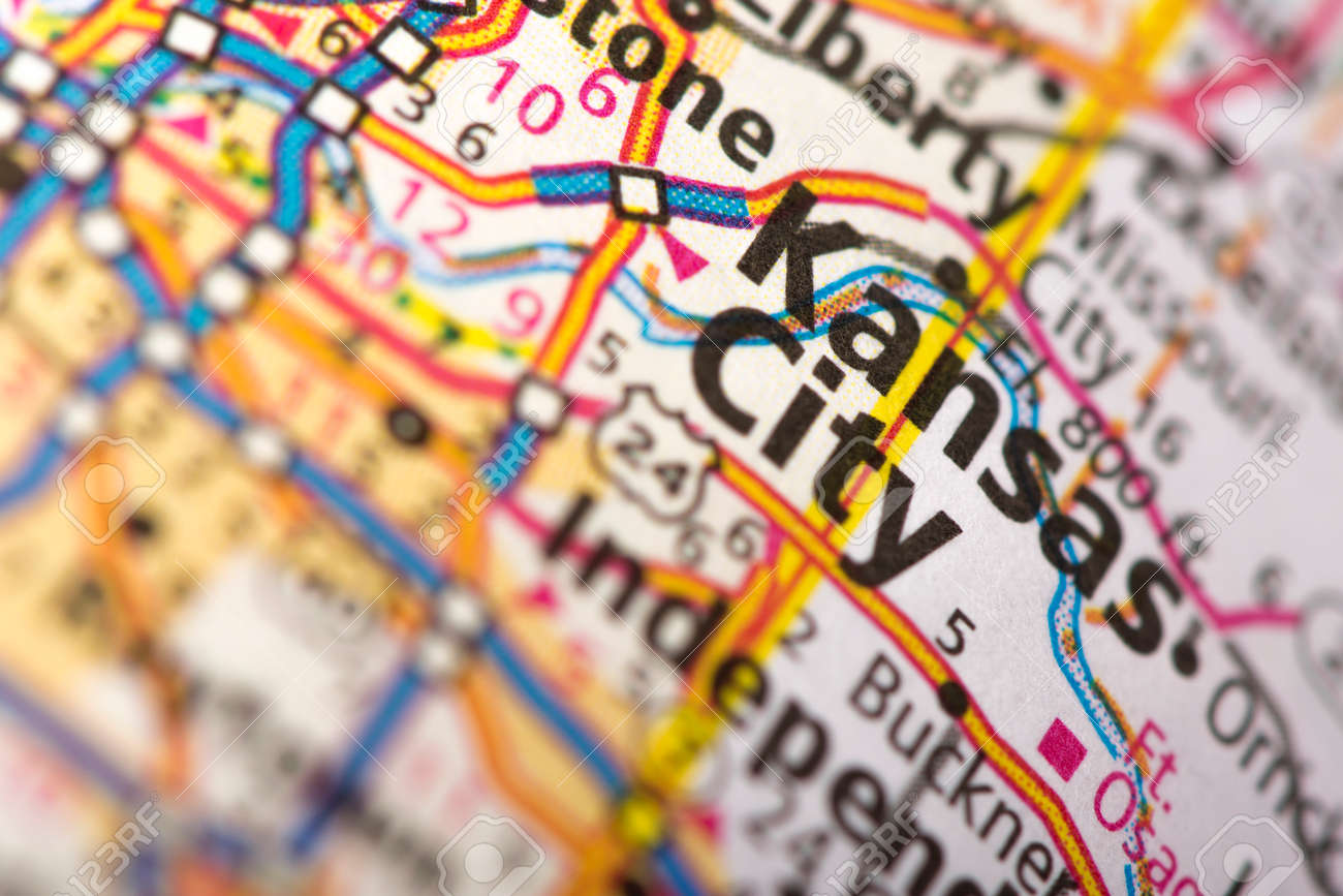 closeup of kansas city missouri on a road map of the united states stock