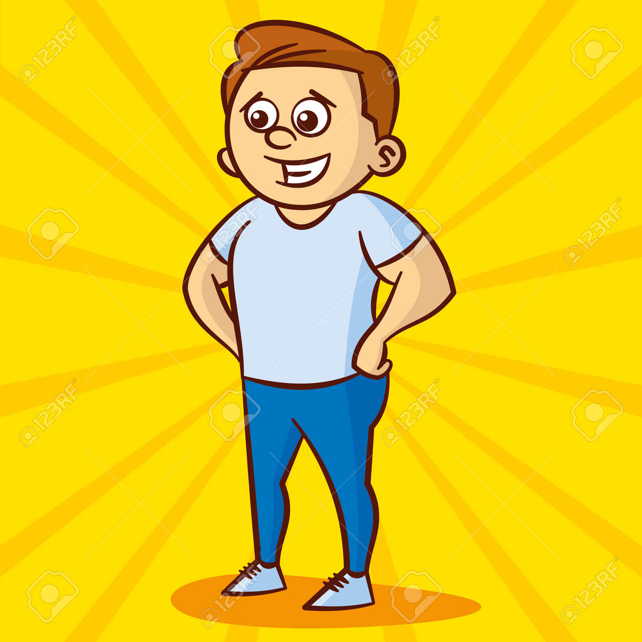 押しながら笑っている陽気な男キャラクターは彼の腰に手します 全長縦ベクトル図 のイラスト素材 ベクタ Image