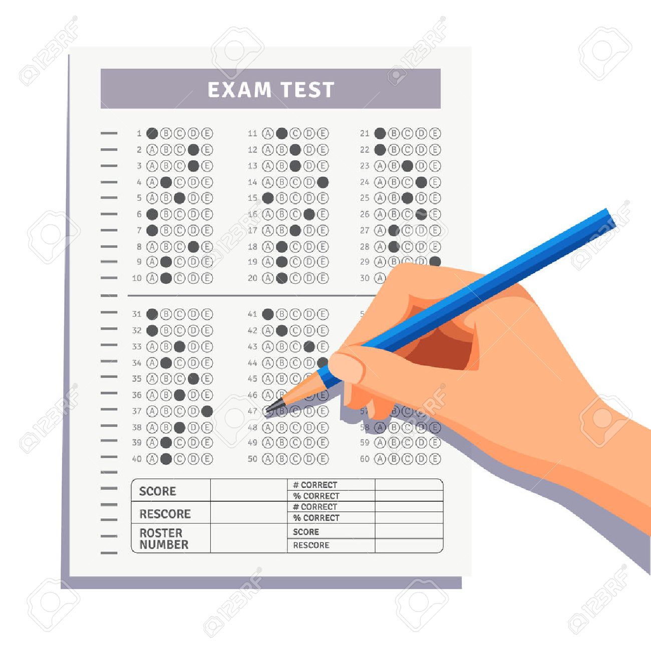 student filling out answers to exam test answer sheet with pencil test answer sheet
