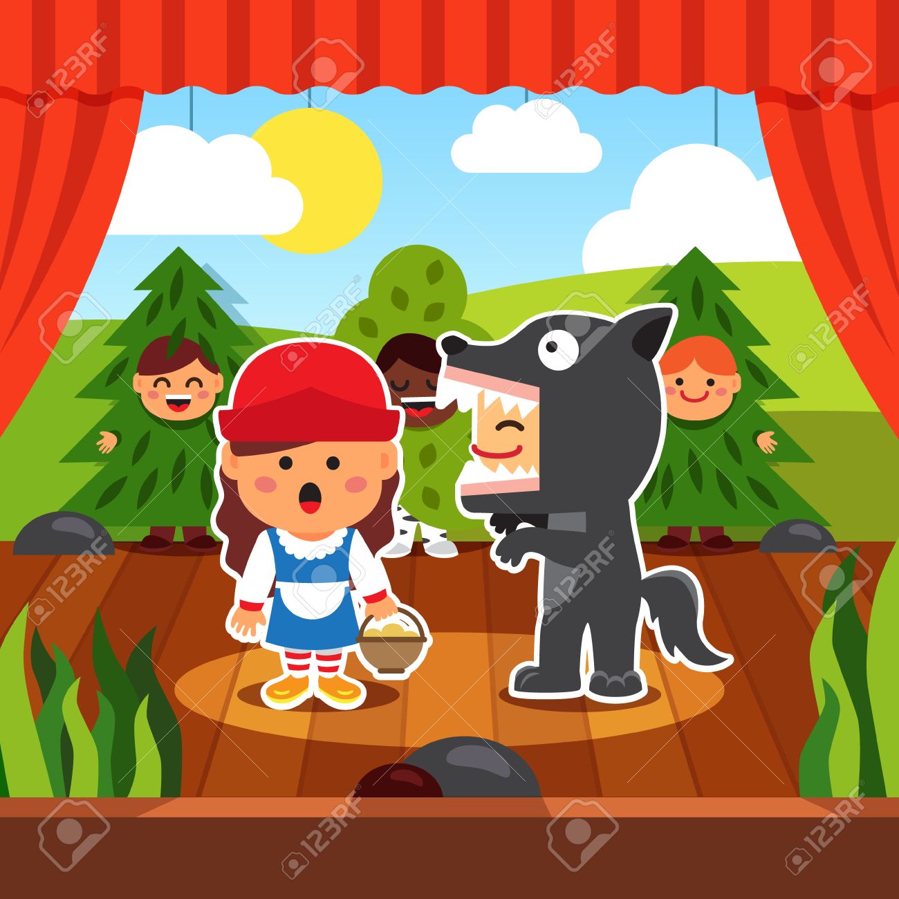 Obra De Teatro Kindergarten Niños Puesta En Escena De Caperucita Roja En El Vestuario Wolf Y Red Hood En Los Consejos Acompañados De árboles Boy Estilo De Dibujos Animados Ilustración Vectorial Plano
