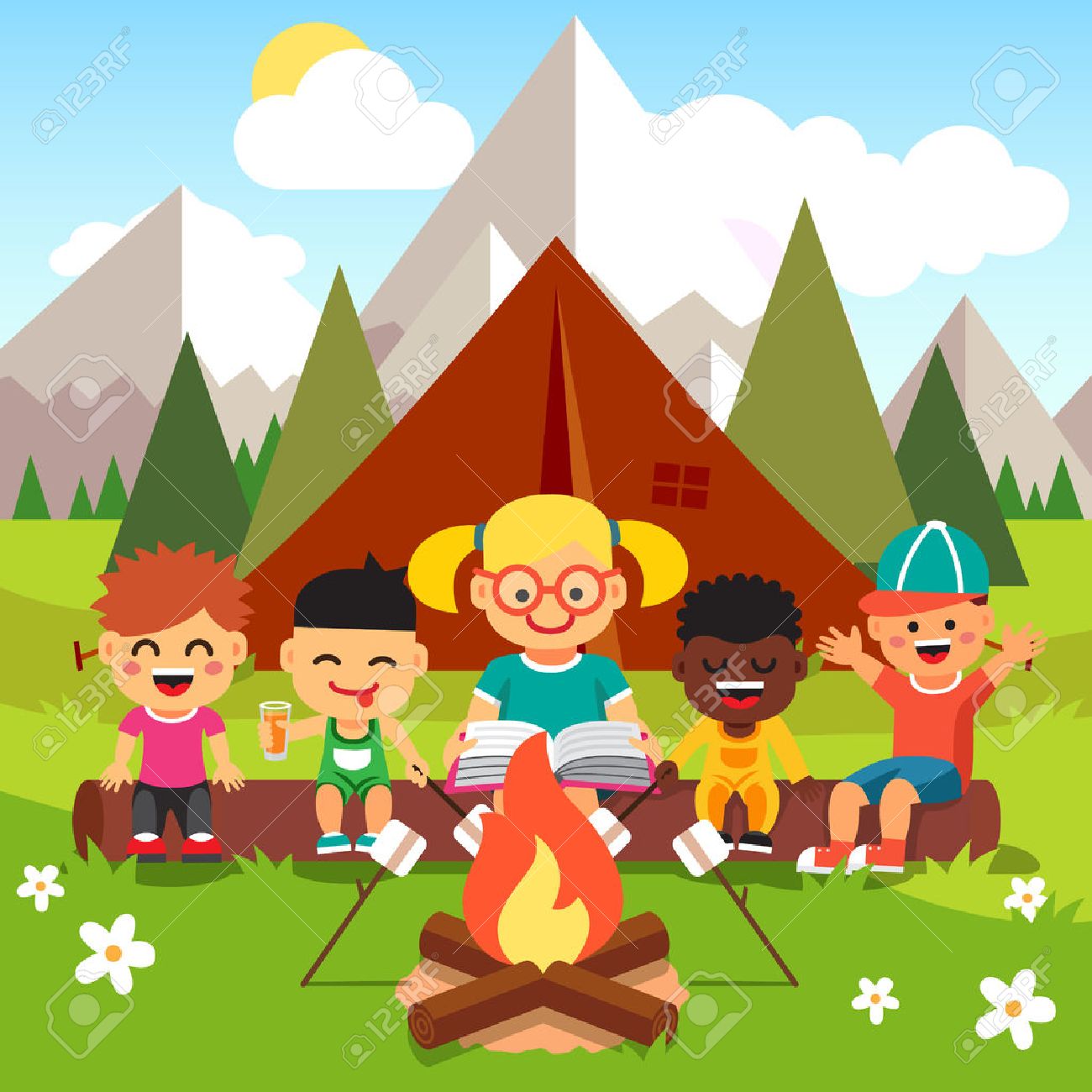 幼稚園の子供たちが大きな山の近くの森でのキャンプします 座っていると火の近くの本を読んで先生に聞く子どもたち 孤立したオブジェクトでフラット スタイル漫画ベクトル イラスト のイラスト素材 ベクタ Image