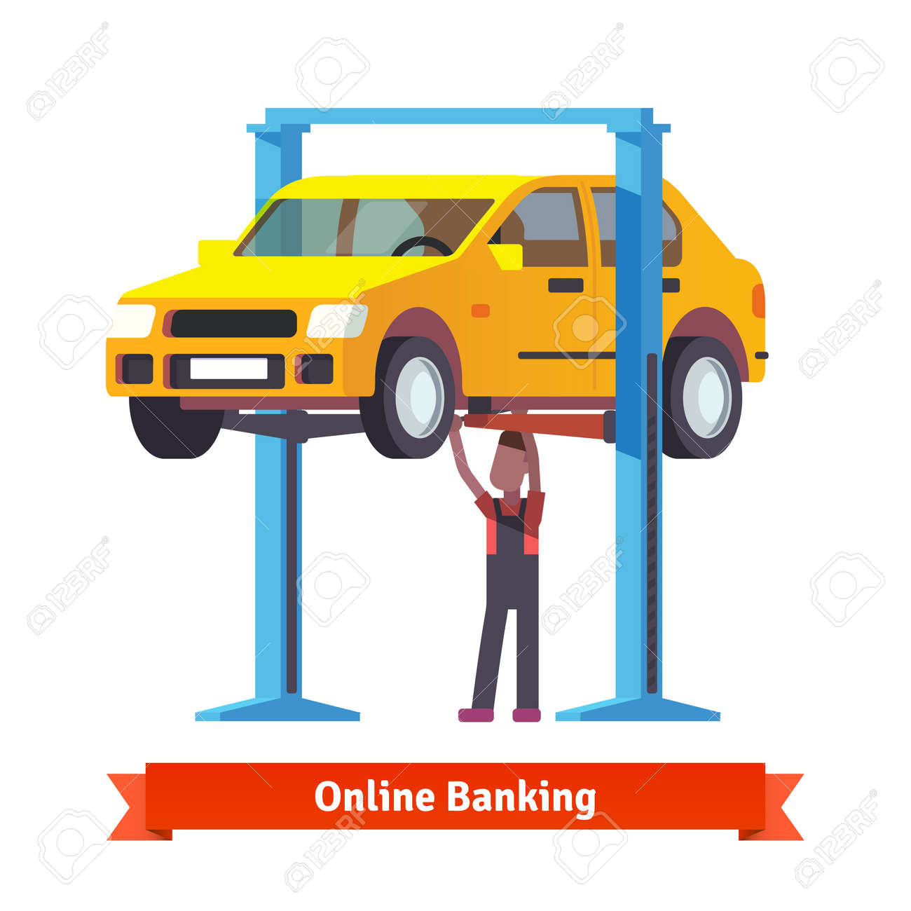 メカニックの足回りの下に立つと 車は修理自動ホイストに持ち上げた フラット スタイル 3 D ベクター グラフィックは 白い背景で隔離 のイラスト素材 ベクタ Image