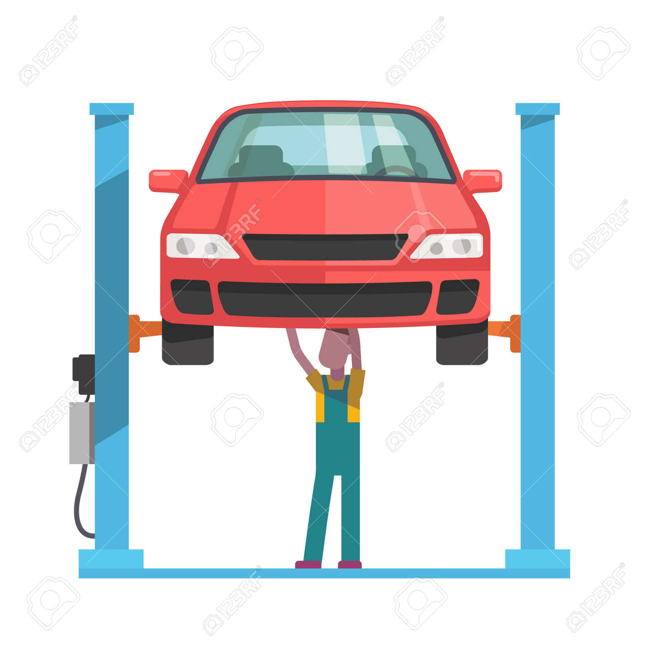 Mechanic standing under underbody and repairing a car lifted on auto hoist. Front view. Flat style vector illustration isolated on white background. - 46607575 Mechanic standing under underbody and repairing a car lifted on auto hoist. Front view. Flat style vector illustration isolated on white background. - 46607575