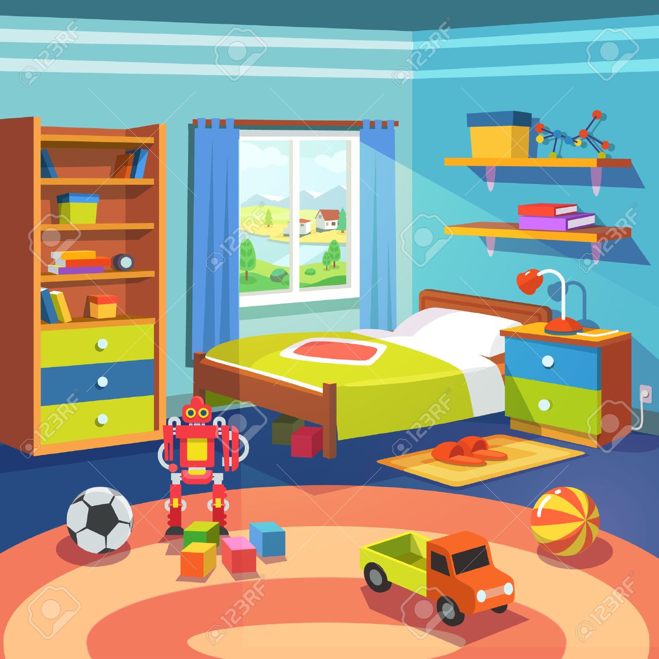 Boy Room With Big Window Suffused With Light With Bed Cupboard