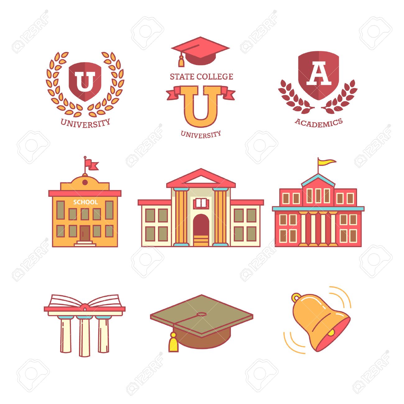 Mortar board, education, school, academy, college and university, library emblems and buildings. Thin line icons set. Modern flat style symbols isolated on white for infographics or web use. - 47050342 Mortar board, education, school, academy, college and university, library emblems and buildings. Thin line icons set. Modern flat style symbols isolated on white for infographics or web use. - 47050342